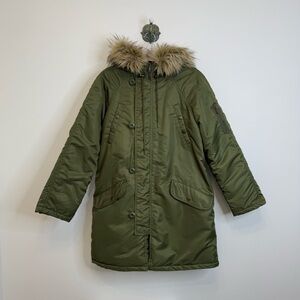 American Eagle Satin Parka Winter Overcoat Faux Fur Trim Women’s Size Medium